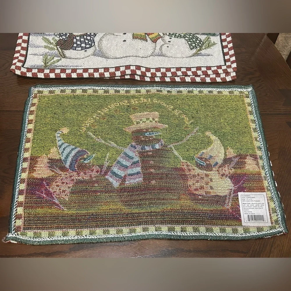 New Set of 4 Tapestry Style Snowman Placemats Size 19” x 13”. Whimsical Holiday